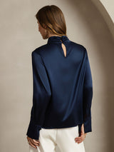 [Bleu Foncé] SilkSilky-FR 19Momme Soie Womens Shirt 002
