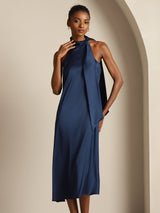 [Bleu Foncé] SilkSilky-FR Sleeveless Tie Neck Robes 009