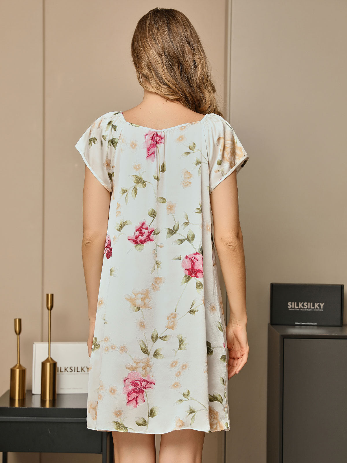[Blanc] SilkSilky-FR Pure Soie Mancherons Nœud à l'encolure Chemises de nuit 002