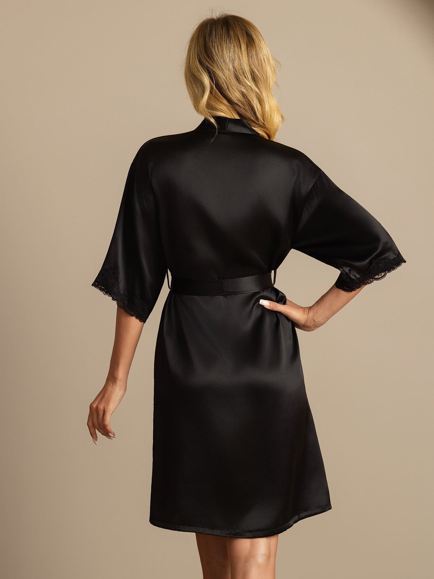 [Noir] SilkSilky-FR Half Sleeve Femme Peignoir 002