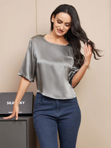[Gris Foncé] SilkSilky-FR Manches mi-longues Encolure Dégagée Femme T-Shirt 003