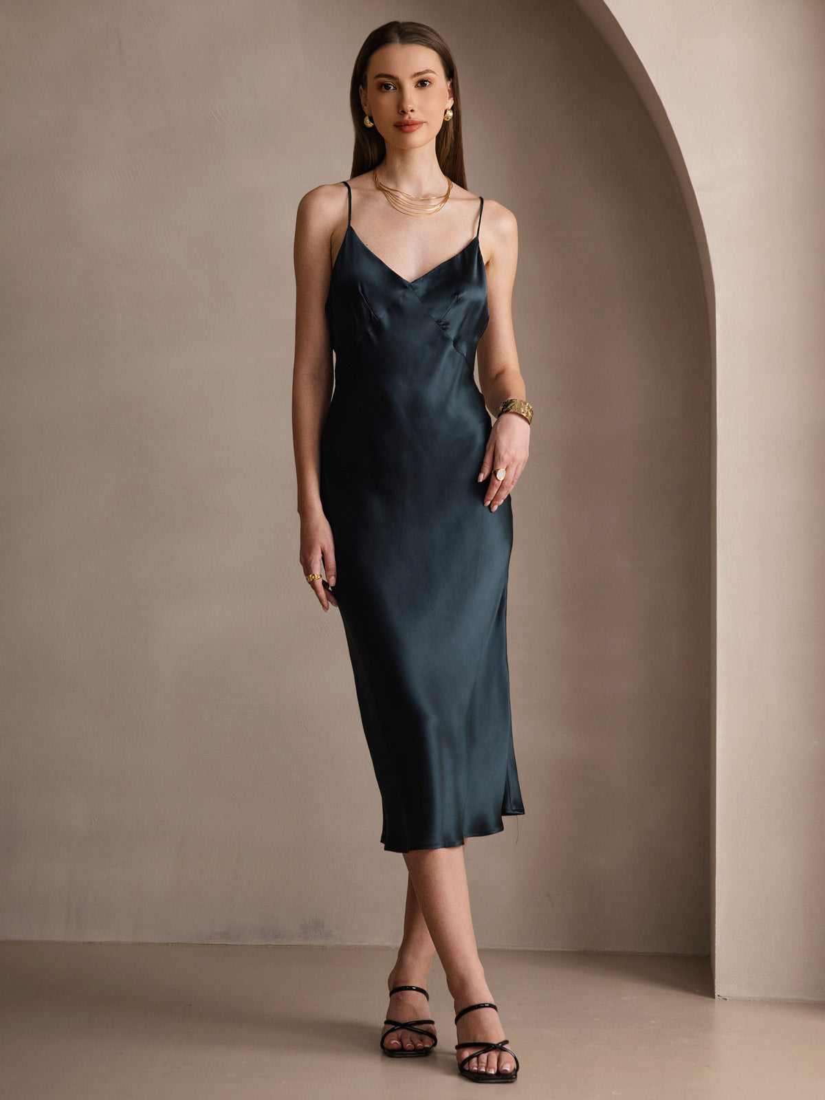 [Vert Foncé] SilkSilky-FR 19Momme Pure Soie Col en V Robes 001