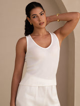 [Blanc] SilkSilky-FR Sleeveless Deep V Neck Top À Fines Brides 004