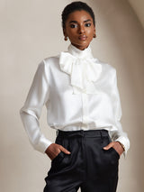 [Blanc] SilkSilky-FR Long Sleeve High Neck Blouse 001