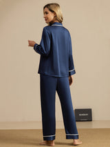 [Bleu Foncé] SilkSilky-FR Manches longues Col Cranté Femme Pyjamas 002