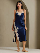 [Bleu Foncé] SilkSilky-FR Sleeveless V Neck Chemises de nuit 008