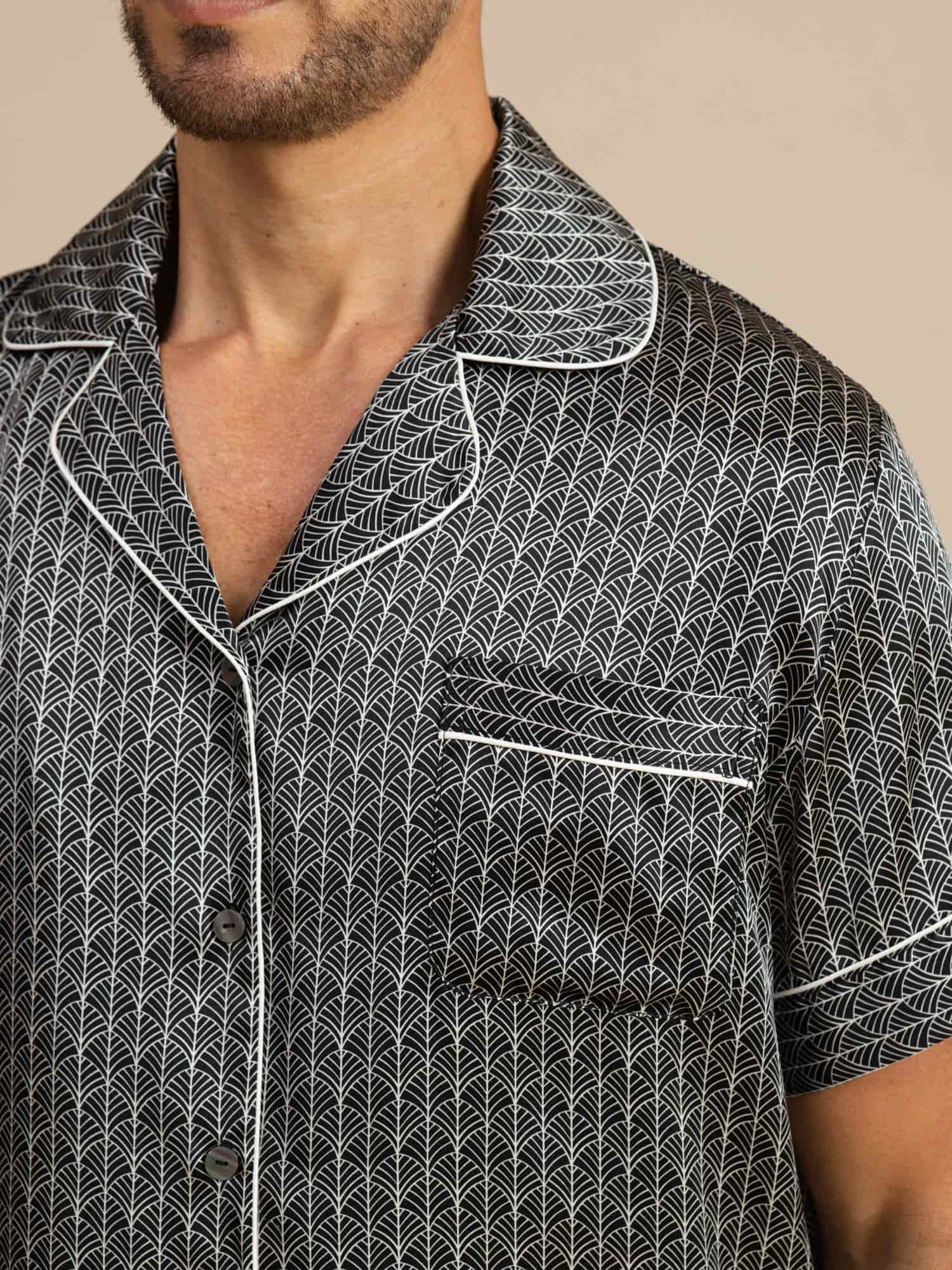[Ginkgo Noir] SilkSilky-FR Manches courtes Col Cranté Homme Pyjamas 007