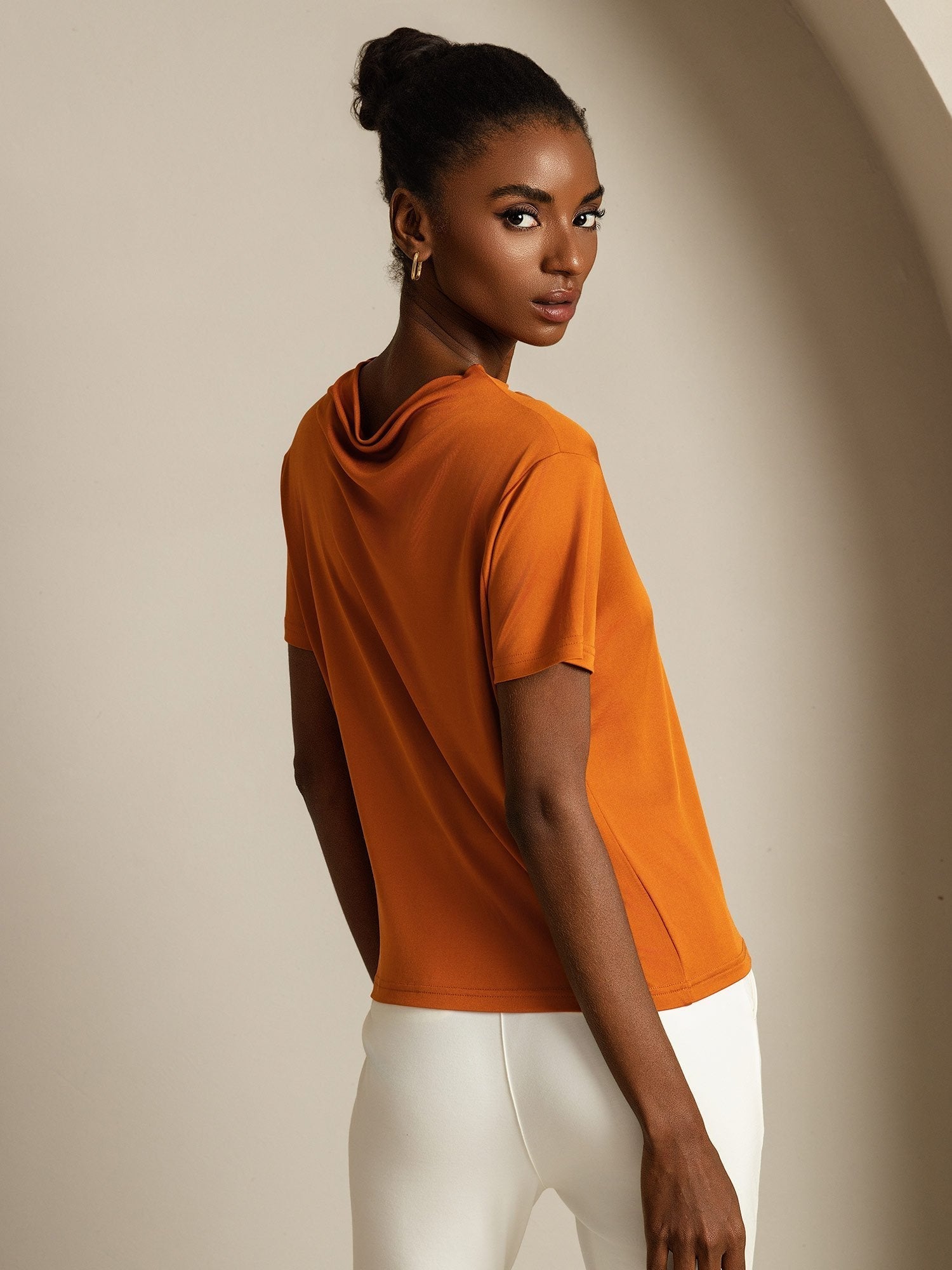 [Orange] SilkSilky-FR Soie Col Chemise Femme T-Shirt 002