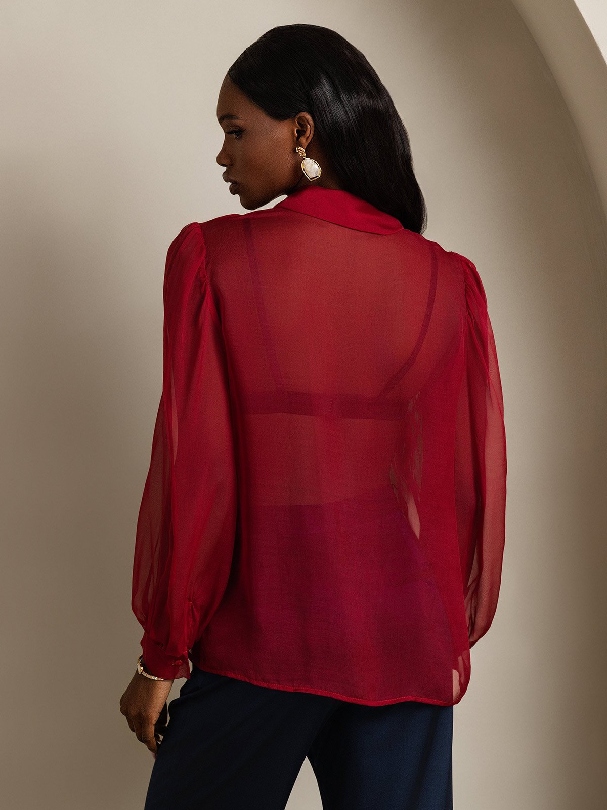 SilkSilky-FR Soie Manches longues Nœud à l'encolure Femme Chemise RougeVineux 002