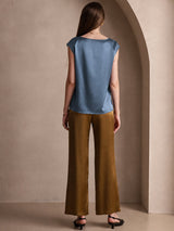 [Bleu Canard Véritable] SilkSilky-FR Cap Sleeve Round Neck Femme T-Shirt 002