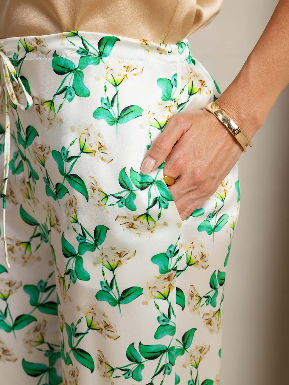 [Floral Vert] SilkSilky-FR 19Momme Soie Womens Pants 004