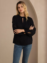 [Noir] SilkSilky-FR Long Sleeve Keyhole Neck Blouse 005