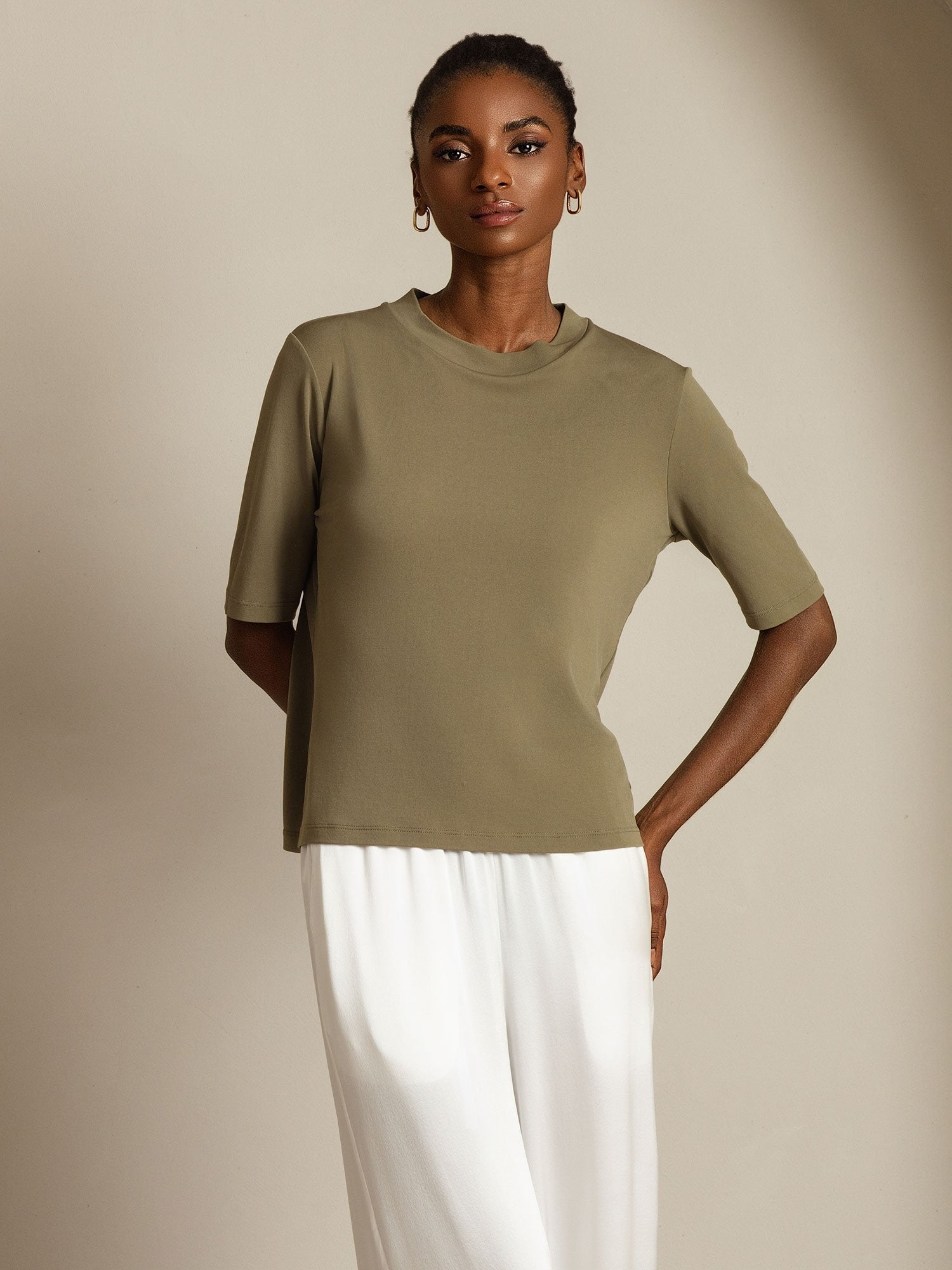 [Olive Brûlée] SilkSilky-FR Soie Col Rond Femme T-Shirt 005