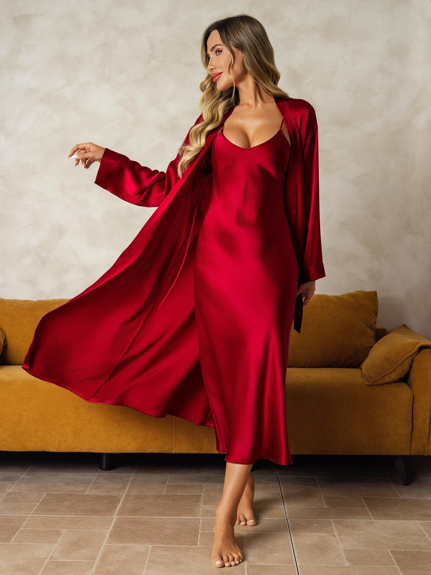 [Rouge Vineux] SilkSilky-FR Manches longues Col V Peignoir&Robe de Chambre 001