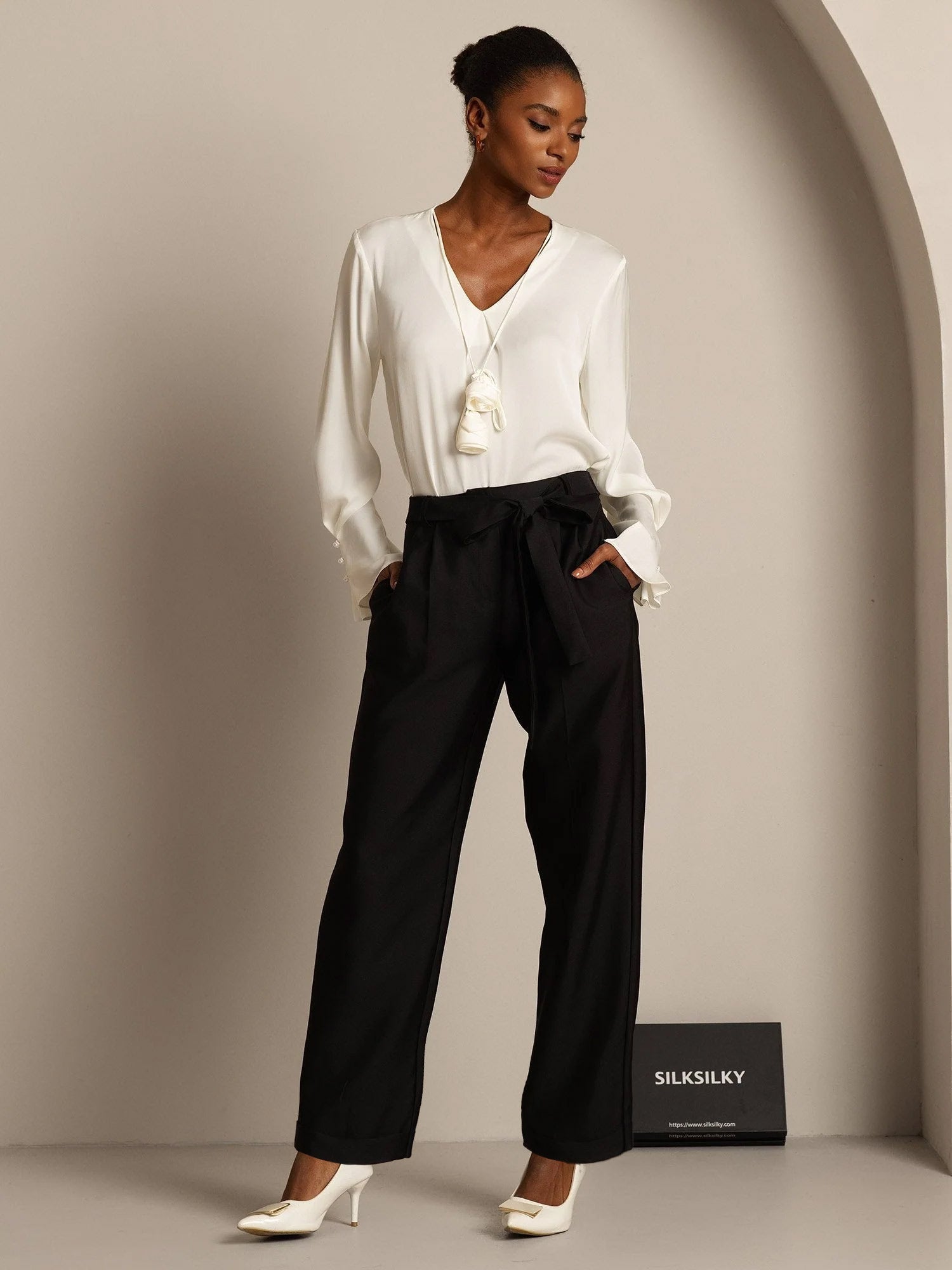 [Noir] SilkSilky-FR 32Momme Soie Womens Pants 007