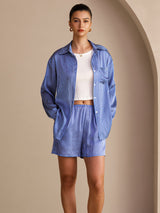 [Rayures Fines Bleues] SilkSilky-FR Long Sleeve Lapel Collar Women's Outfit Sets 004