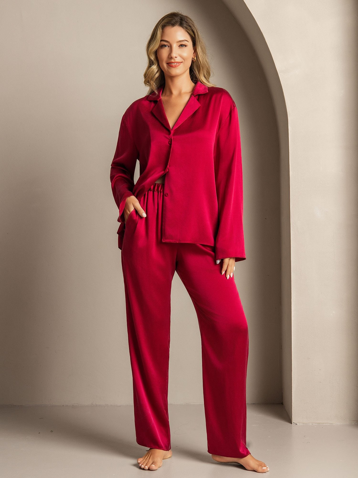 [RougeVineux] SilkSilky-FR 19Momme Soie Découpe V Femme Pyjamas 005