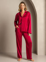 [Rouge Vineux] SilkSilky-FR 19Momme Manches longues Col Cranté Femme Pyjamas 005
