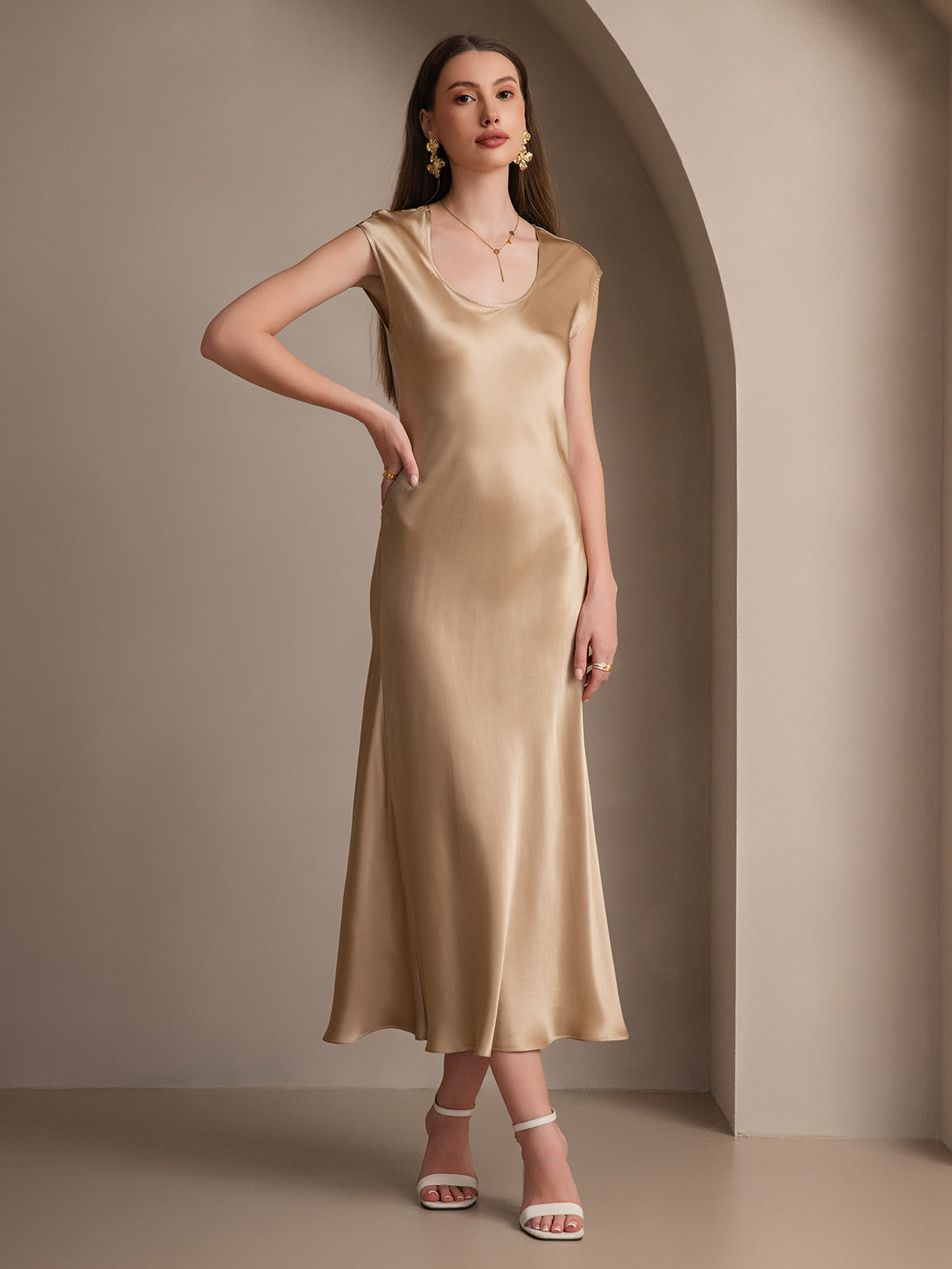 [Champagne] SilkSilky-FR 19Momme Soie Col Rond Robes 001