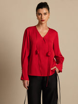 [Rouge Vineux] SilkSilky-FR Long Sleeve V Neck Blouse 001
