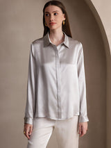 [Gris Clair] SilkSilky-FR 19Momme Manches longues Col à Revers Femme Chemise 005