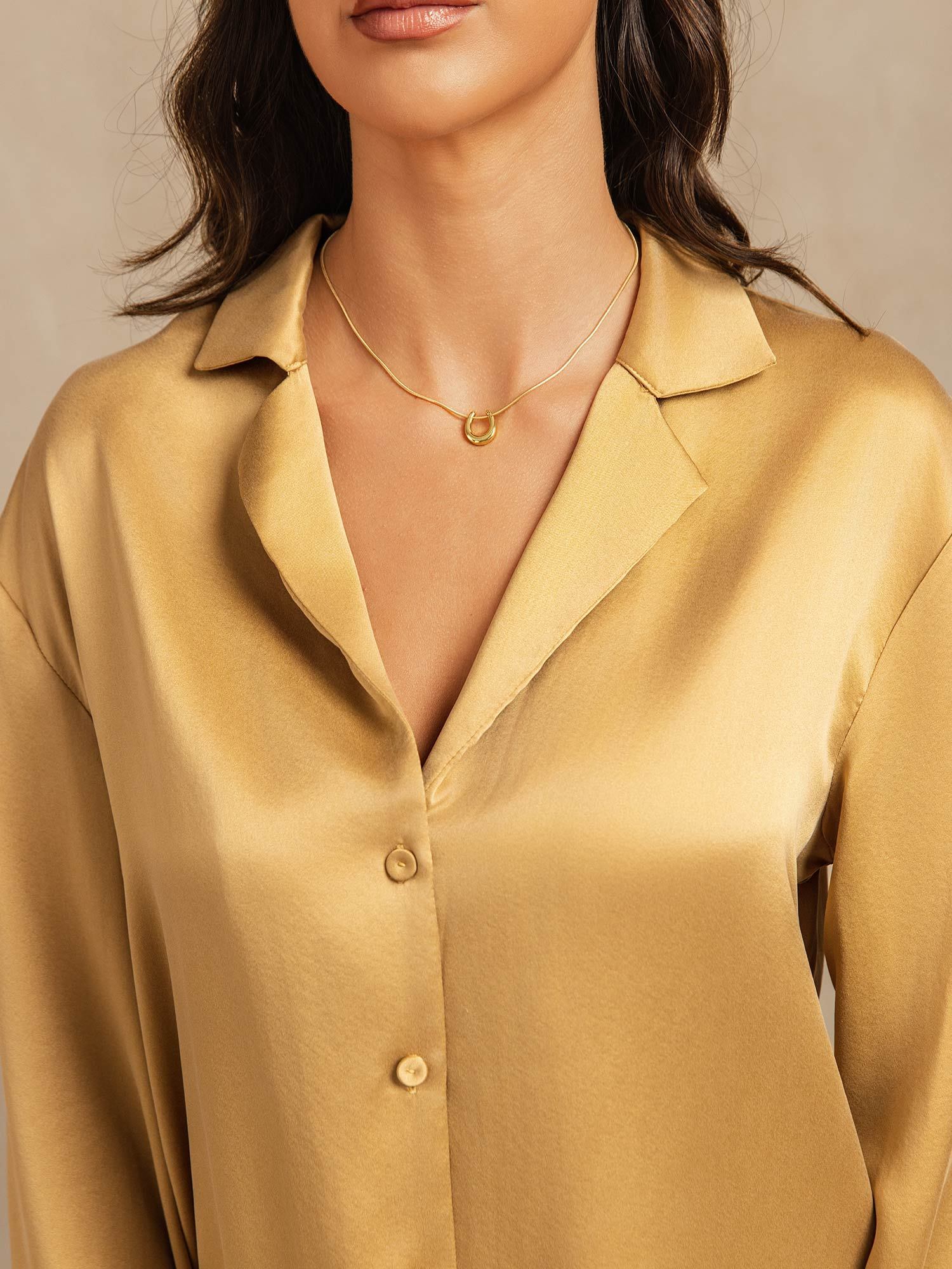 [Tan] SilkSilky-FR 19Momme Soie Découpe V Femme Pyjamas 004