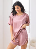 SilkSilky-FR Pure Soie Manches courtes Col Rond Femme Pyjamas MauvePâle 004