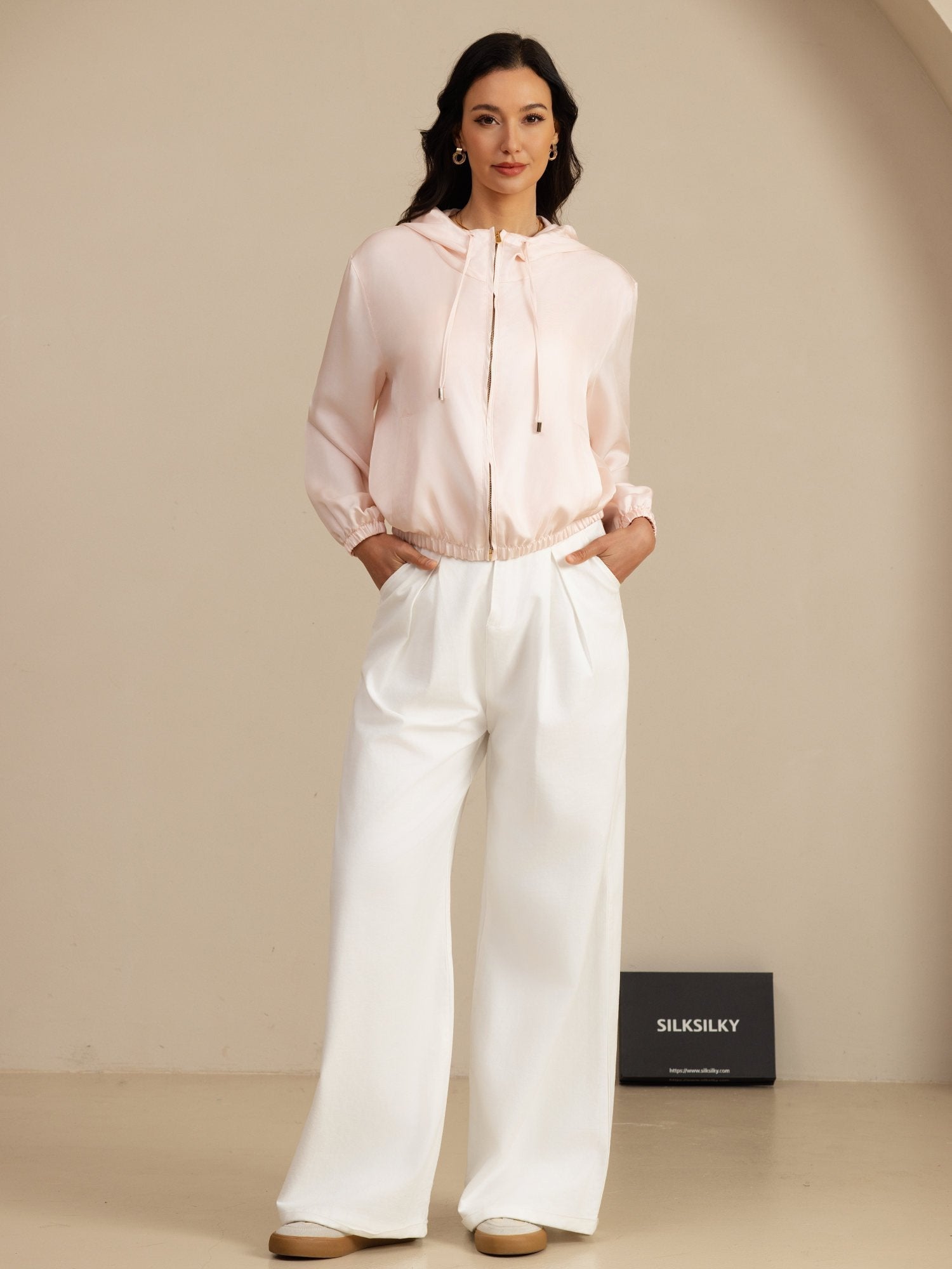 [Rose] SilkSilky-FR 18Momme Manches longues Col Montant Femme Manteaux 006