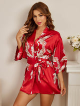 [Rouge Foncé] SilkSilky-FR 3/4 Sleeve Femme Peignoir 003