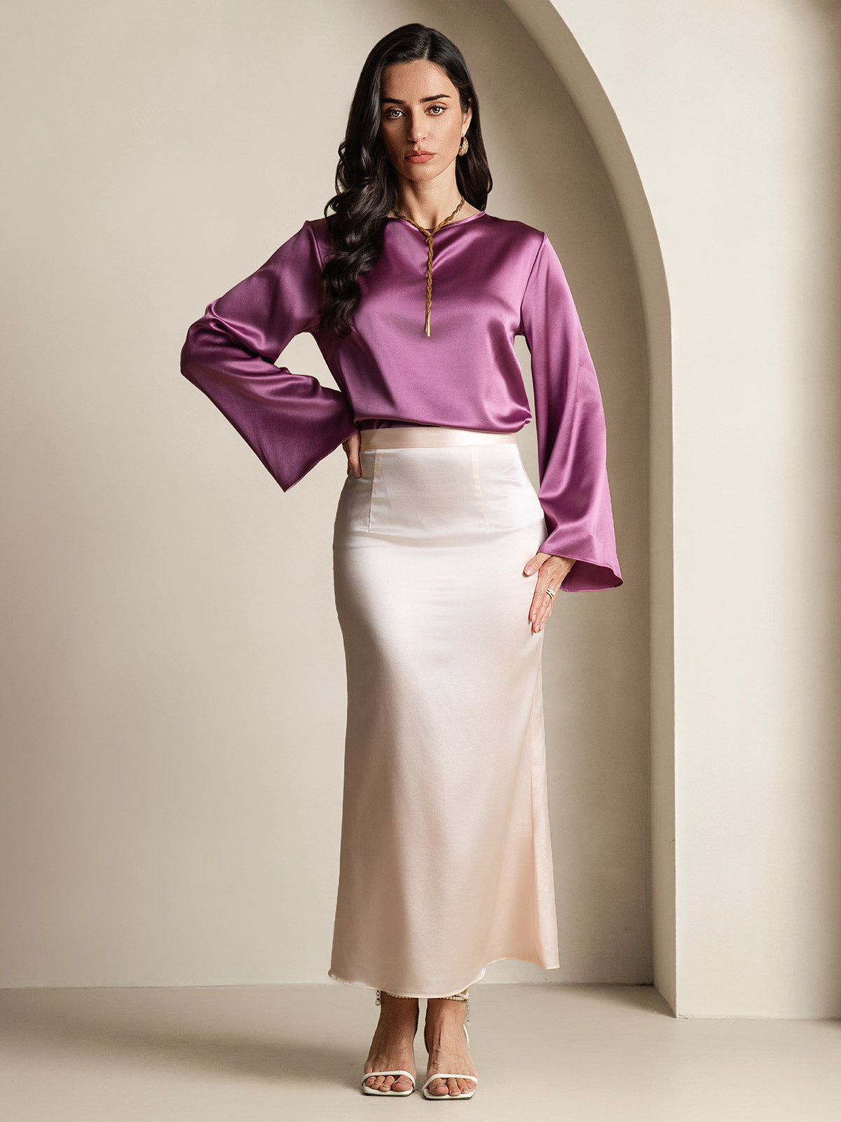 [Violet Foncé] SilkSilky-FR 19Momme Soie Col Rond Femme T-Shirt 008
