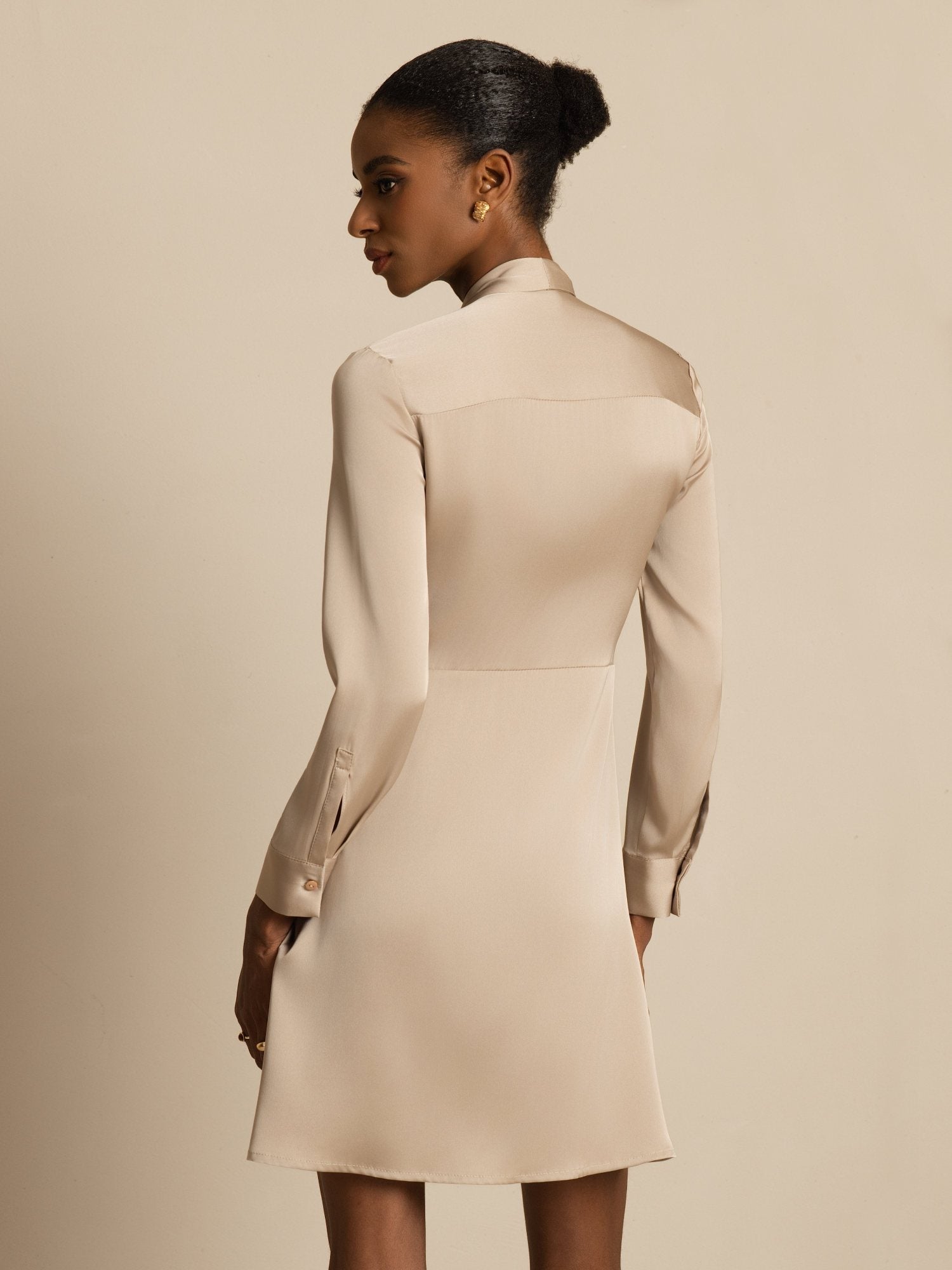 [Tan] SilkSilky-FR 19Momme Soie Manches longues À Nouer Robes 002