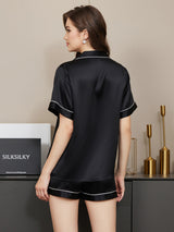 [Noir] SilkSilky-FR Short Sleeve Lapel Collar Femme Pyjamas 002