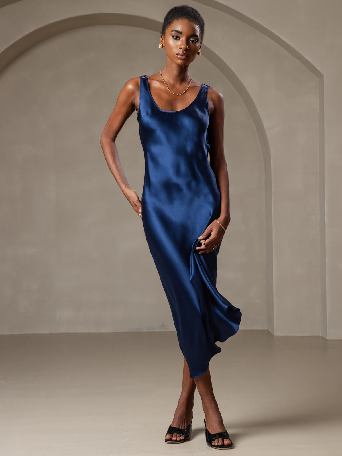 [Bleu Foncé] SilkSilky-FR Pure Soie Col Bateau Robes 005