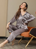 SilkSilky FR Pure Soie Manches longues Revers Femme Pyjamas Gris 004