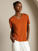 [Orange] SilkSilky-FR Short Sleeve V Neck Femme T-Shirt 006