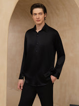 [Noir] SilkSilky-FR 19Momme Manches longues Col à Revers Homme Chemise 001
