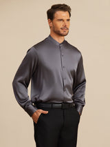 [Gris Foncé] SilkSilky-FR Long Sleeve Stand Collar Homme Chemise 005