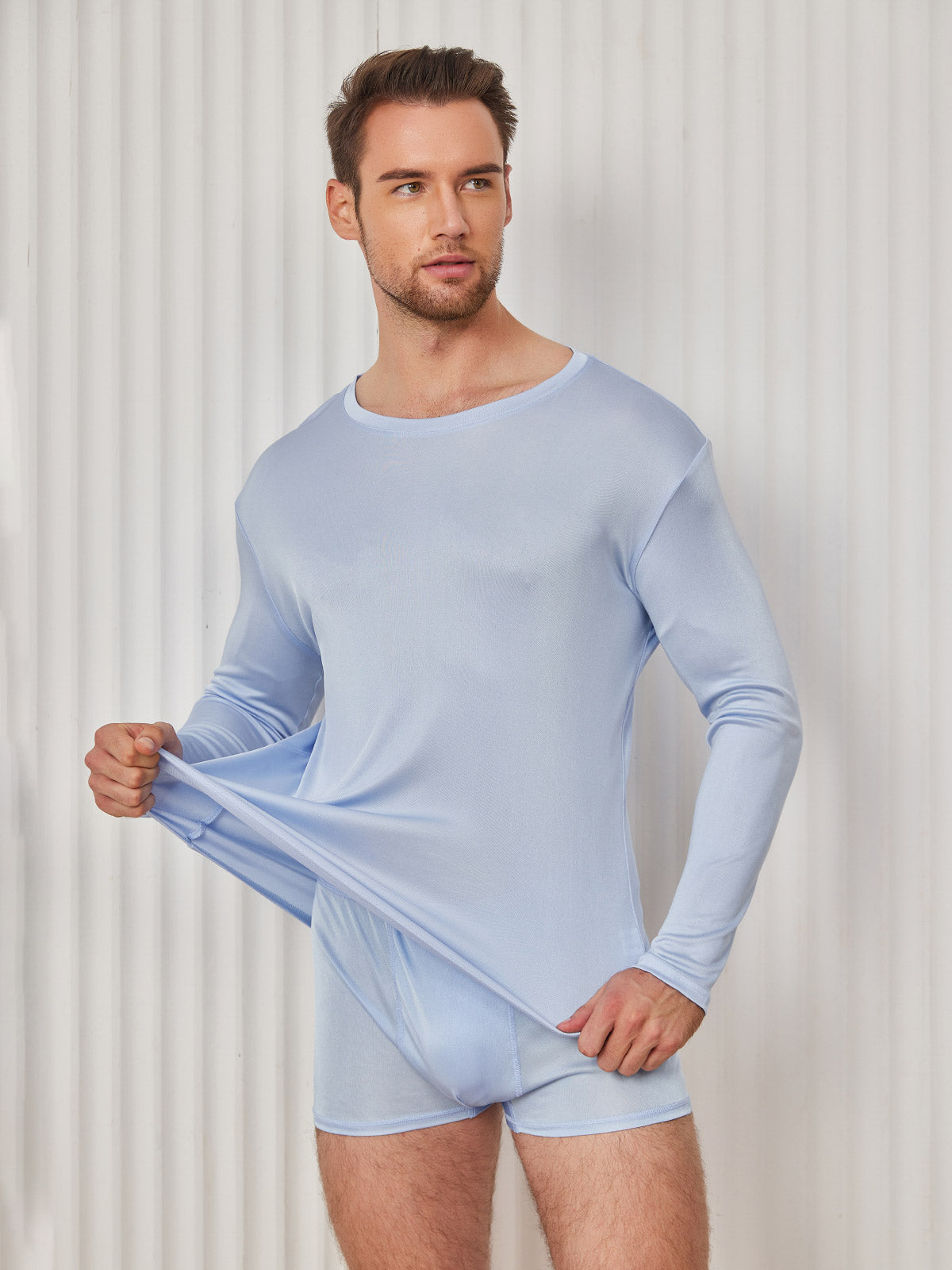 [Bleu Clair] SilkSilky-FR Soie Tricotée Col Rond Homme T-Shirt 004