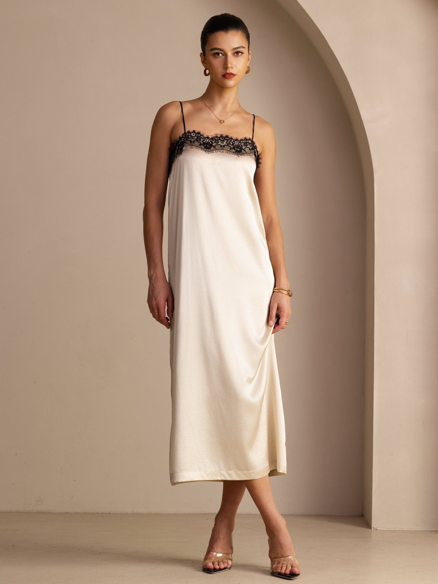[Beige Riz] SilkSilky-FR Spaghetti Strap Square Neck Robes 001