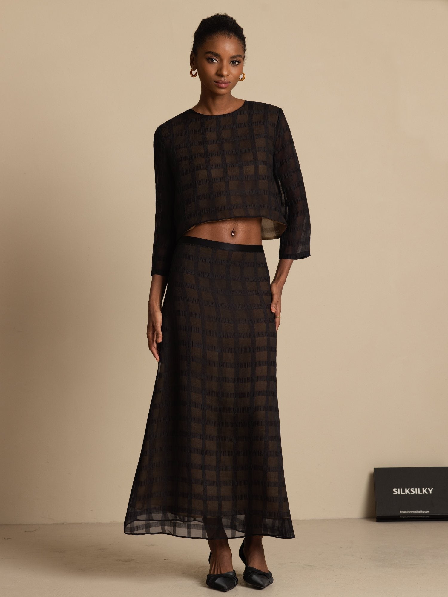 [Noir] SilkSilky-FR Soie Manches longues Col Rond Women''s Outfit Sets 001