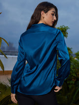 [Bleu Royal] SilkSilky-FR Long Sleeve Lapel Collar Femme Chemise 002