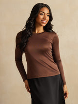 [Café] SilkSilky-FR Long Sleeve Crew Neck Femme T-Shirt 003