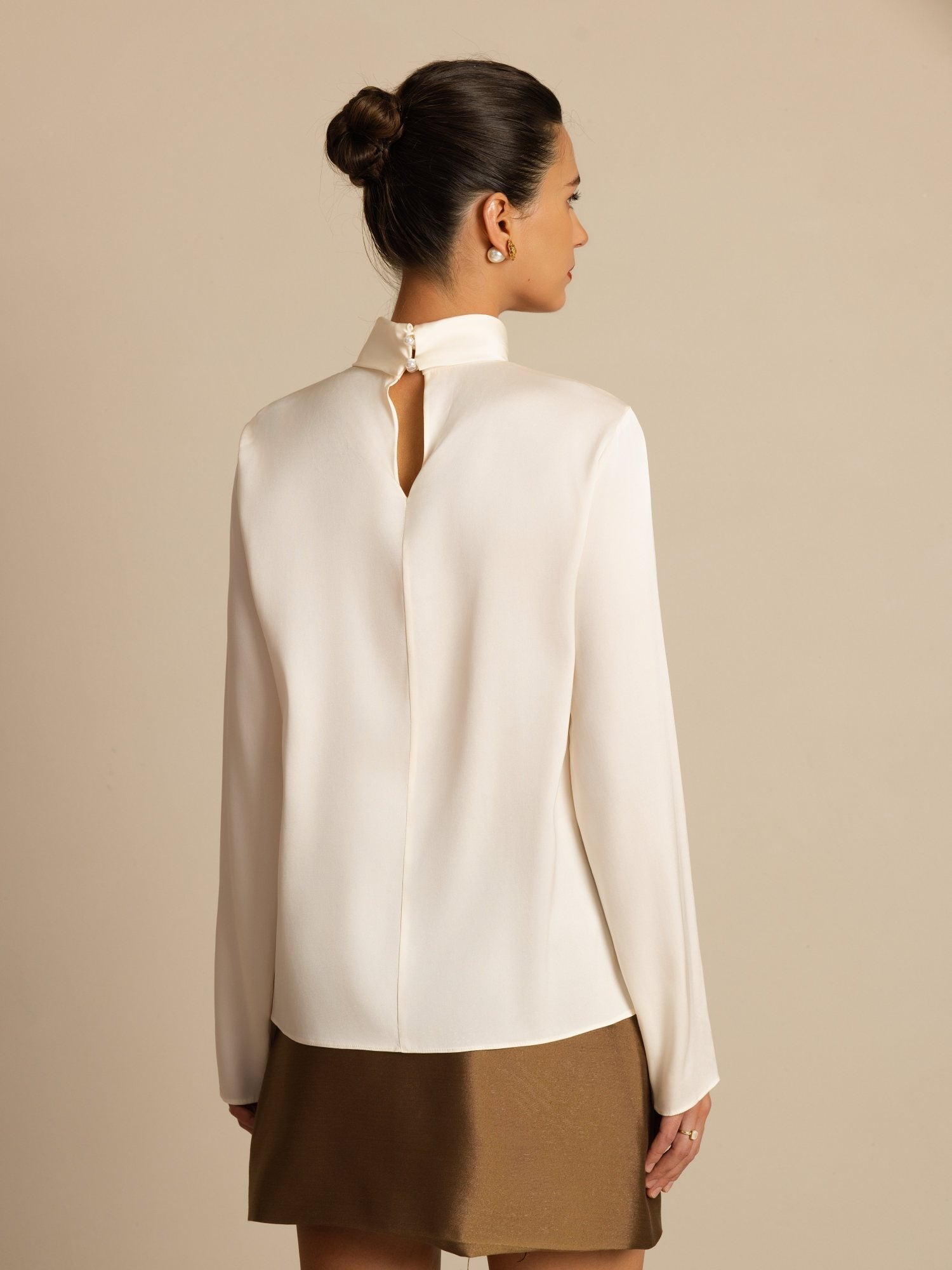 [Champagne] SilkSilky-FR 19Momme Soie Manches longues Col Roulé Femme T-Shirt 002