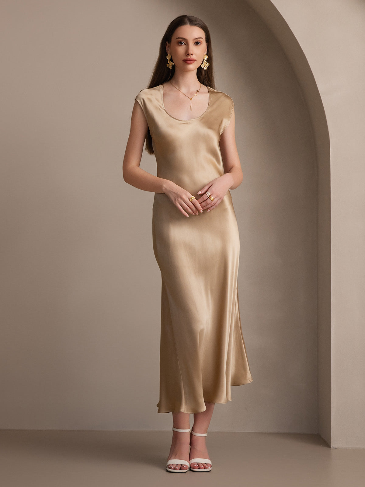 [Champagne] SilkSilky-FR 19Momme Soie Col Rond Robes 003