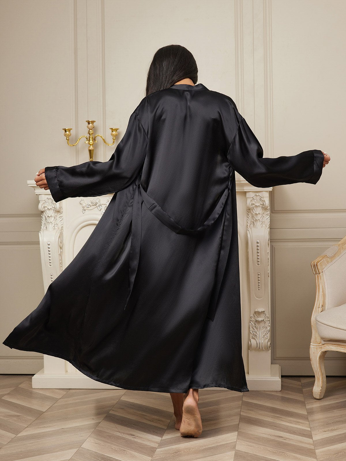 [Noir] SilkSilky-FR Pure Soie Womens Robe 002