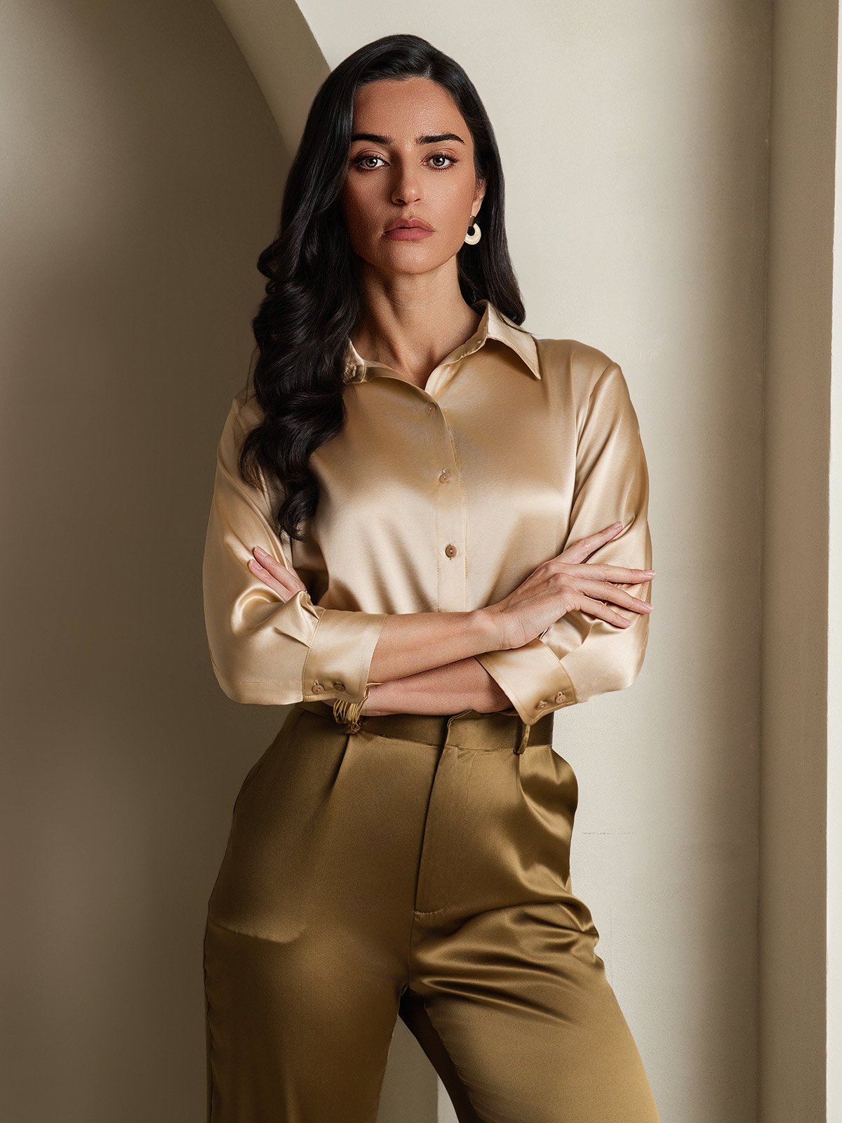 SilkSilky-FR 19Momme Soie Manches longues Revers Femme Chemise Champagne 001