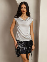 [Argent] SilkSilky-FR Cap Sleeve Cowl Neck Femme T-Shirt 001