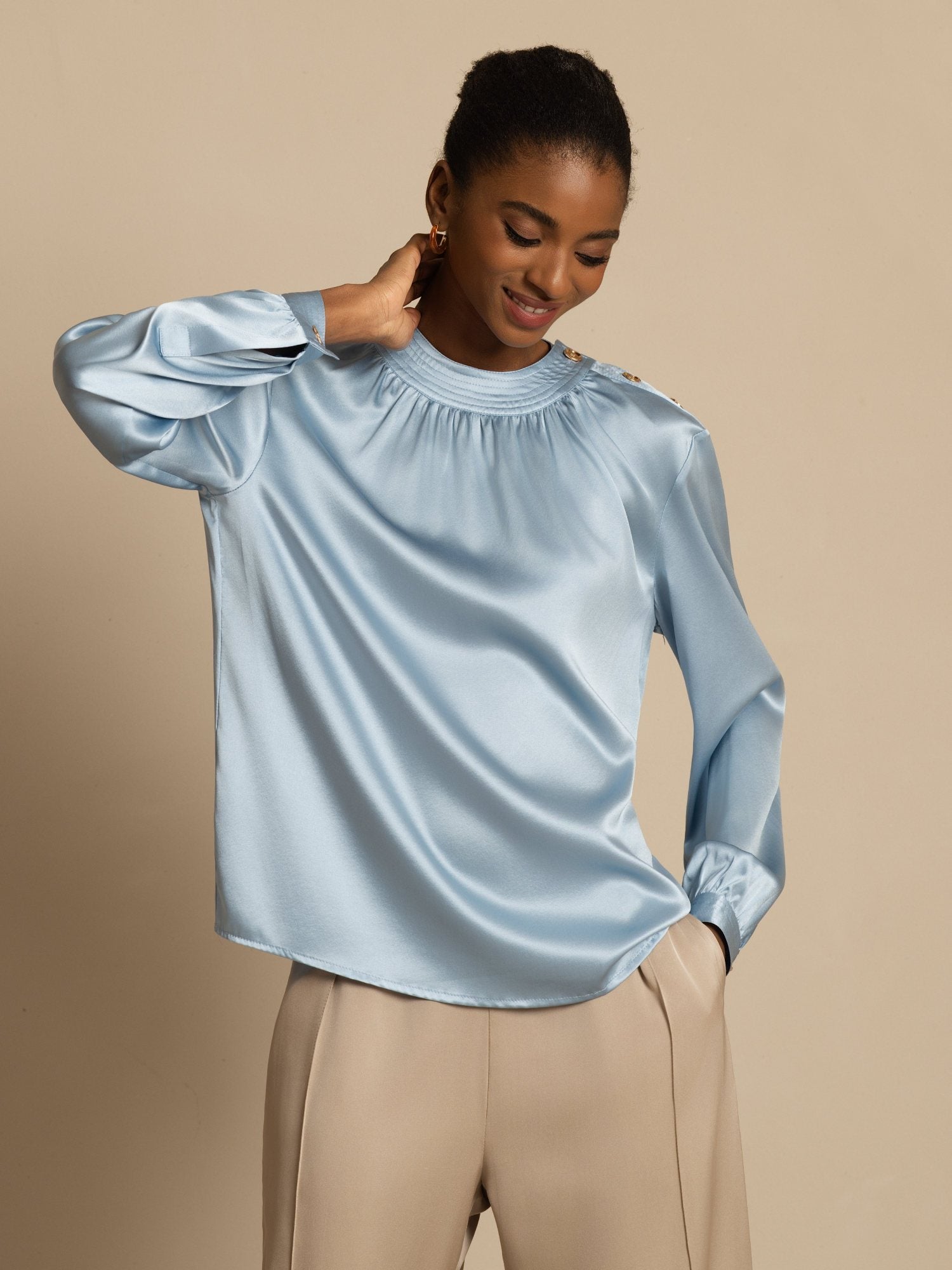 [Bleu Grisâtre] SilkSilky-FR 19Momme Manches longues Col Rond Blouse 001