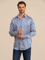 [Rayure Marine] SilkSilky-FR 19Momme Manches longues Col à Revers Homme Chemise 003
