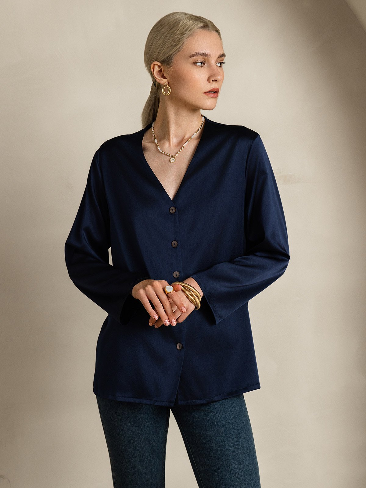 [Bleu Foncé] SilkSilky-FR 19Momme Soie Col en V Femme Chemise 005